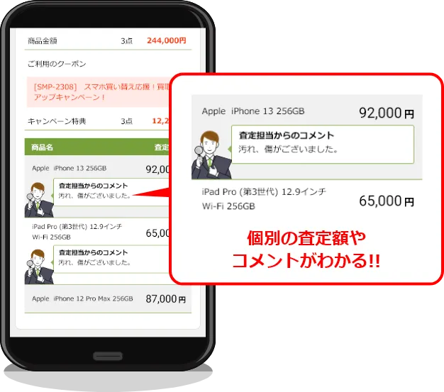 個別の査定額やコメントがわかる!!